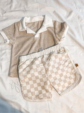 Lila & Jack Beige Terry Polo & Checkered Swim Shorts Set Neutral Two-Piece 2T